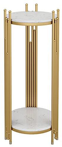Goldener Marmor-Look, hoch, schlank, Pflanzenständer, 2 Etagen, Aufbewahrung, Telefontisch für Wohnzimmer und Terrasse, runder Beistelltisch, Beistelltisch, Eck-Nachttisch (Größe: 33 x 33 x 70 cm)