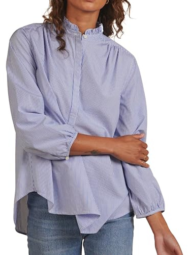 Womens Blue White Stripe Shirt Long Sleeve Standup Ruffle Collar Blouse Dressy Business Casual Tops