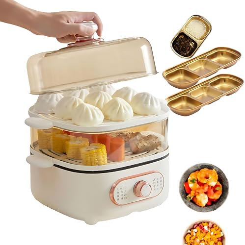 Cuociriso Elettrico 2-in-1 Pentola per Riso, Vaporiera Elettrica da 10,5 Litri, con 3 Piatti per Spezie, Piastra Scalda Alimenti Caldi A Doppio Strato con Interruttore Rotativo - Cottura A Vapore