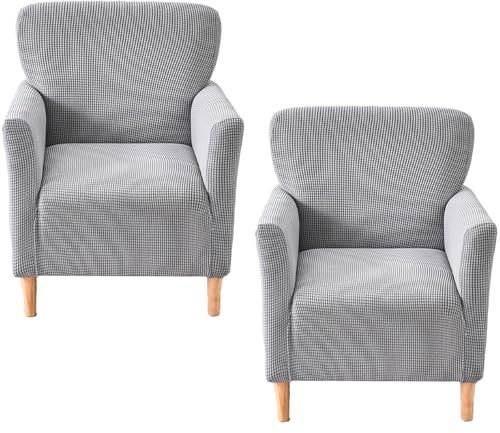 CLGTY 2 Stück Stretch Club Chair Stretch Sesselhusse, Kariert quadratisch Sesselschoner mit Armlehne rutschfest Sofahusse mit elastischem Boden für Wohnzimmer-hellgrau-2pcs