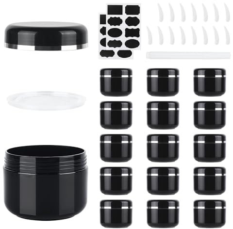 MirraSwit 15 Pezzi 50ml Contenitori Cosmetici Riutilizzabile Plastica, Crema Barattoli Vasetto Vuoto di Bordo, Barattolini Cosmetici, con Cucchiaio Raschiatore, Etichetta per Lozioni e Creme