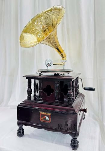 Antique-Looking Replica Gramophone Vintage Gramophone Record Player, Wooden Base with Floral Carvings, Gold Horn Speaker (Big Maharaja Gramaphon w/Storage Trey)
