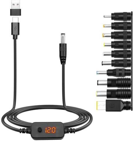 Hoembpn USB-C PD zu DC Adapterkabel [5V/9V/12V/15V/20V Einstellbar] mit 10 DC-Steckern + USB-Adapter | Kompatibel mit Laptop, Router, Monitor, Kamera | 5.5×2.1mm Stecker | 1,2m (60W Power Delivery)
