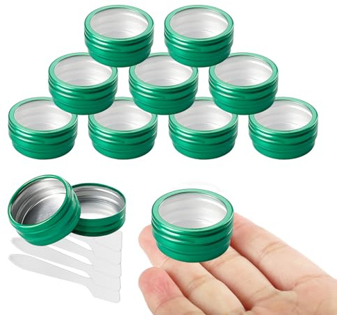 LusDoly 10 Piezas Tarros de Aluminio 10 ml Verde con Tapa Rosca Ventana – Lata Aluminio Redonda D32mm x H18mm – Botes Metálicos Pequeños para Cosmética, Velas DIY, Almacenamiento y Viaje