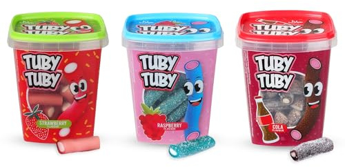 Tuby Tuby Candy 3er Set – Fruchtgummi mit Füllung, je 220 g Box – Himbeere, Erdbeere & Cola Geschmack – schmeckt wie Pico Balla – süßer Snack für Kinder, Schulanfang, Partys & Candy Bars