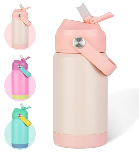 AMFUN 350ml /12oz Kids Insulated Water Bottle with Straw Lid,Small Flask Vacuum Insulated,Upgraded Leak Proof Lid with Straw & Handle for Boys Girls Hot Cold Drinks,BPA-Free（Light Pink）