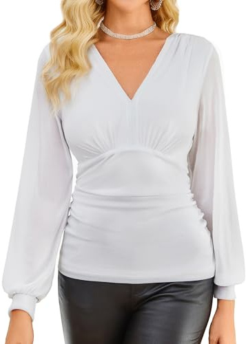 GRACE KARIN Blusa con purpurina para mujer, cuello en V, elegante blusa envolvente, manga larga, tops festivos, Blanco, L