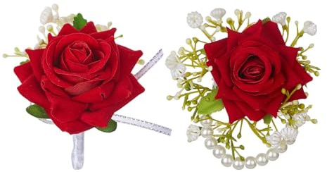 ShiningUU Wrist Corsage & Boutonniere 2pcs Red Artificial Flower Wrist Corsage Bracelet & Buttonhole Flower Accessory for Prom Wedding Party Groom Bride Groomsmen Bridesmaids Prom Suit Decoration