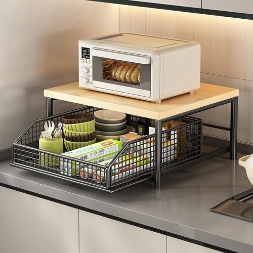 Carrito multifuncional para microondas con cesta de almacenamiento inferior, estante de cocina y soporte, perfecto para espacios pequeños, estación de café y despensa
