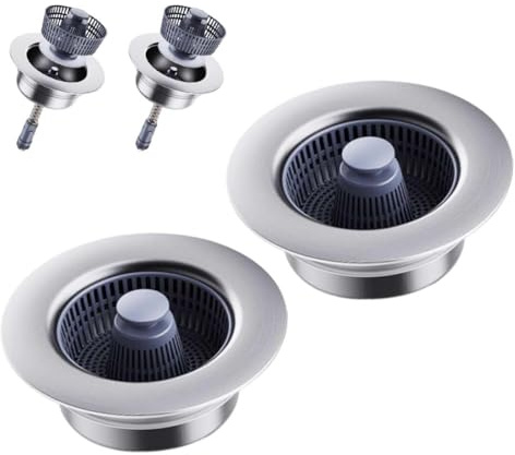 Conjunto de 2 tapones y coladores para fregadero de cocina, 3 en 1, de acero inoxidable, con colador y filtro.