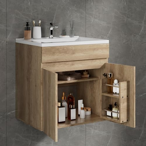 Ztexkee Meuble sous Lavabo Salle de Bain Meuble Salle de Bain avec Vasque Suspendu Ensemble Lavabo 60x46x64cm (sans robinetterie) Blanc et Jaune Clair