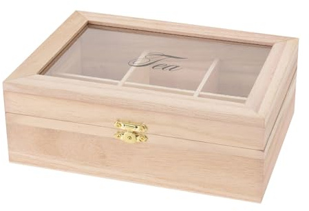 WELL HOME MOBILIARIO & DECORACIÓN Caja de té de Madera de Paulownia con 6 Compartimentos y tapa de Cristal 21x16x7,5cm