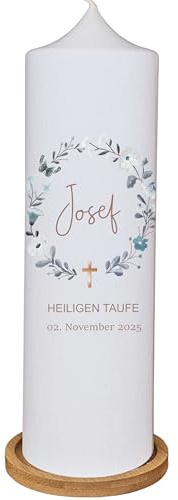 Taufkerze, Kommunionkerze - Josef- für Mädchen und Jungen, mit Blumenkranz Natur Kreuz Herz, Wildblumen, personalisiert mit Name und Datum