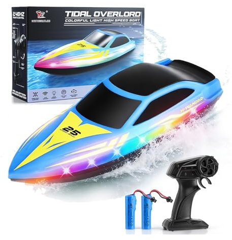 confezioni di barca telecomandata con luce LED e 2 batterie, barca RC a 24 KM/H, barche da regata a 2,4 GHz per piscine e laghi, giocattolo estivo in acqua, regalo per bambini ragazzi di età 8-12