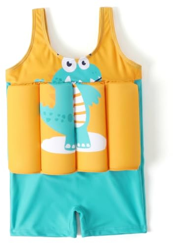 Elyebxj Costume da Bagno per Bambini, Divertente Costume da Bagno per Bambini con Stampa di Dinosauri con galleggiamento, Giallo e Blu, 39, 37 Pollici