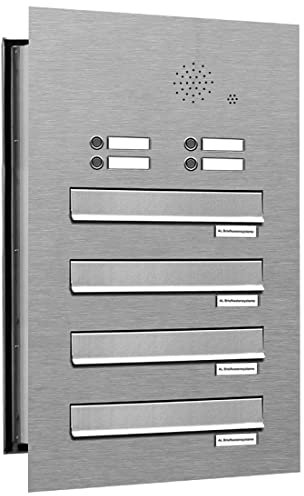 AL Briefkastensysteme 4 er Briefkasten Mauerdurchwurf in V2A Edelstahl mit Klingel, 4 Fach DIN A4, wetterfeste Premium Briefkastenanlage Postkasten