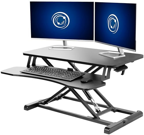 VIVO 32” Stehpult-Konverter mit höhenverstellbarem Aufsatz, Steh-Sitz-Arbeitsplatz für zwei Monitore und Laptop, mit breiter Tastaturablage, Schwarz, DESK-V000K