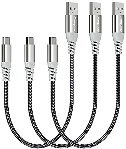 Cable USB C corto Fasgear: paquete de 3 cables USB A de carga rápida de 30 cm a tipo C trenzados de nailon compatibles con Galaxy S20 Plus S10 Note 9 A10e A51 | LG V60 G7| iPad Pro, etc. (Negro)