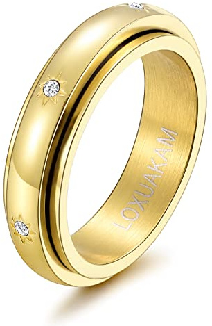 LOXUAKAM 14K guldpläterade anti-ångestringar kvinnor kubisk zirkon stenar spinner fidget band ringar lindrar ångest bröllop löfte tur nordstjärna ringar komfort passform storlek 5 till 10, 7,