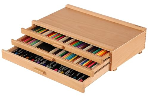 VISWIN Caja de Madera de 3 Cajones con Separadores Extraíbles, Caja de Madera de Haya de Primera Calidad, Caja Organizadora Portátil para Pinturas, Bolígrafos, Pinceles y Materiales de Arte
