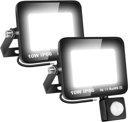 SKYWORLD 2 Pcs LED Strahler mit Bewegungsmelder, 10W 1000LM Außenstrahler | 6000K Kaltweiß Led Fluter Flutlicht Scheinwerfer Wasserdicht Außenleuchte für Garten Innenhöfe Garage Hotel Hof Hauswand