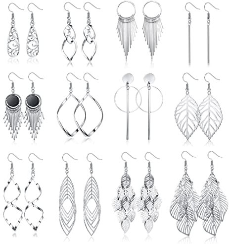 JeweBella 12 Paar Ohrringe Hängend für Damen Mädchen Hypoallergene Modeschmuck Große Ohrringe Set Welle Blatt Quasten Boho Knorpel Ohrhänger Tropfen Ohrringe Lang Hängend Frauen