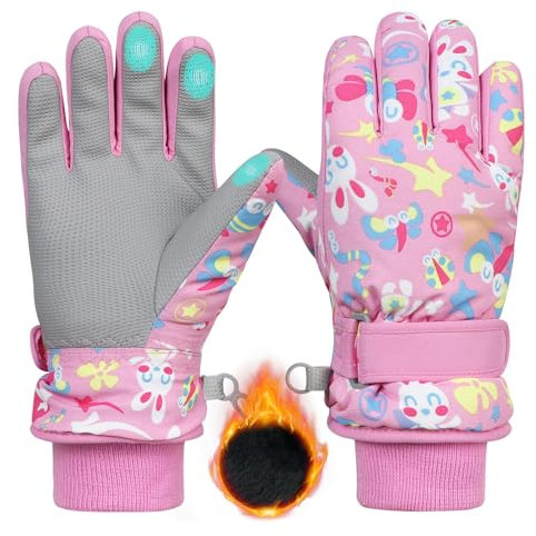 Durio Skihandschuhe Kinder Wasserdicht Winter Schneehandschuhe PU Palme für Outdoor Sport Rosa 4-6 Jahre