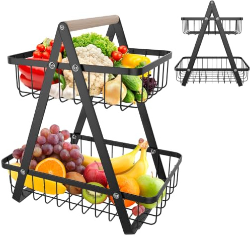 YARDIN Présentoir à fruits à 2 étages en métal - Amovible - Avec poignée en bois - Panier à légumes - Pour fruits, légumes, pain, collations - Noir