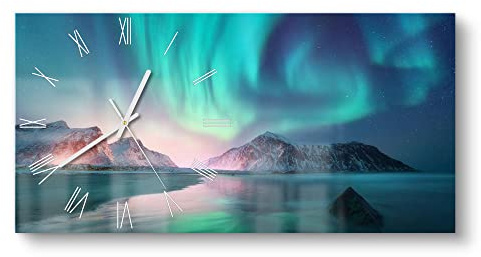 DEQORI Horloge en verre | verticale 60 x 30 cm | Motif les aurores boréales des Lofoten | Grande horloge design XXL en verre | Horloge murale silencieuse pour le salon et la cuisine | Horloge murale