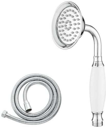 Maynosi handdusch retro, nostalgi duschhuvud med keramiskt handtag, duschhuvud med duschslang och teflonband, metallhanddusch, ersättning regndusch, krom (vita keramiker)