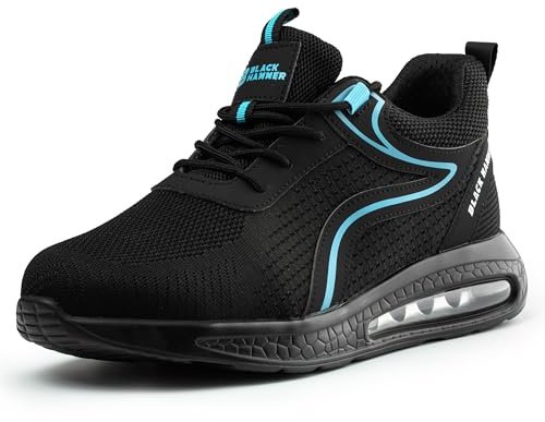 Black Hammer 3200 Men's S1P SRC Water-Resistant Safety Trainers | Steel toe, Kevlar puncture-resistant midsole, breathable fabric upper and air-cushioned shock-absorbing comfort.