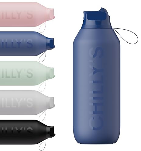 Chilly's Series 2 Flip Water Bottle with Sports Flip Lid, Telescopic Straw and Nylon Carry Loop - Easy Flip Lid, Straw Cleaning Brush Included - 500ml - Whale Blue