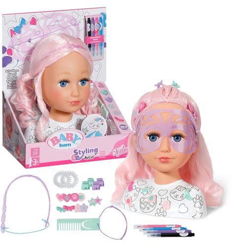 Baby Born Styling Kopf Kreativ - Puppen Frisierkopf für Kinder ab 3 Jahren - Schminkkopf mit hochwertigem rosa Haar inkl. Markern zum bemalen & über 20 weiteren Accessoires
