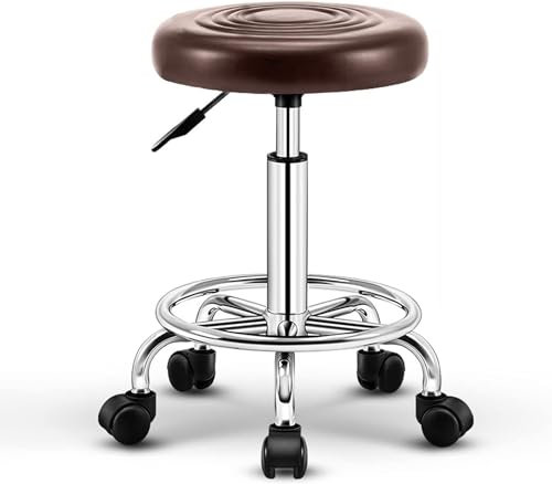 Runder Rollhocker aus PU-Leder mit Rädern – 360° drehbar, Höhenverstellung, dicke Sitzpolsterung, Tragkraft 90 kg (Farbe: Braun)