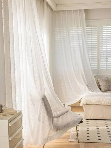 Bishilin Gardinen Lichtdurchlässig Weiß, Vorhänge Ösen 2er Set Landhausstil mit Blumen Motiv 132x160CM Vorhänge Halbtransparent Wohnzimmer Schlafzimmer Kinderzimmer