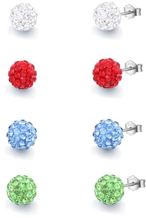 HinDaLi 4 Paar Disco Kugel Ohrringe Silber 925 für Damen Mädchen | Silber Ohrstecker Damen Kristall Disco Kugel Klein Ohrringe Stecker mit Zirkonia Piercing Knorpel Ohrschmuck