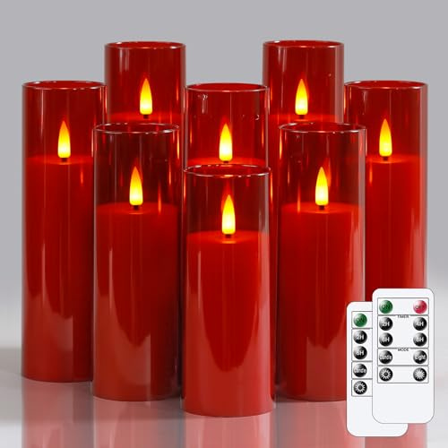 Wroxipel Packung mit 8 Acryl flammenlos flackernden 5,5 cm x 12,5 15 17,5 20 cm Rot Kunststoff LED-Kerzen mit Fernbedienung, batteriebetrieben Zyklus Timerfunktion Kerzen