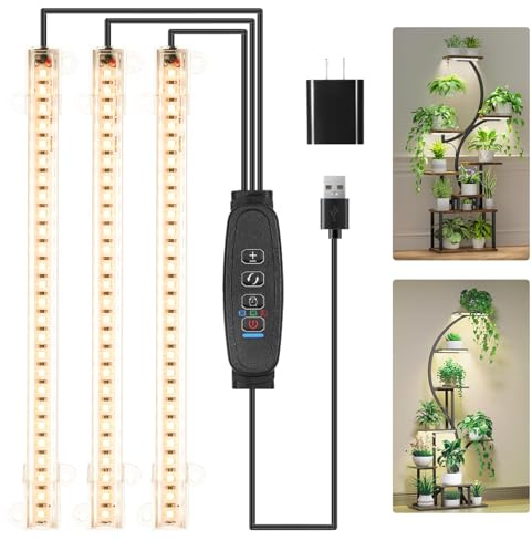 LED Grow Light Strips, Grow Lights for Indoor Plants Full Spectrum 3000K, 78 LEDs Plant Light with 3/9/12H Timer, 10 Dimmable Levels for Seedling Succulent and Plant Shelf, 3 Head 8.6 Inches