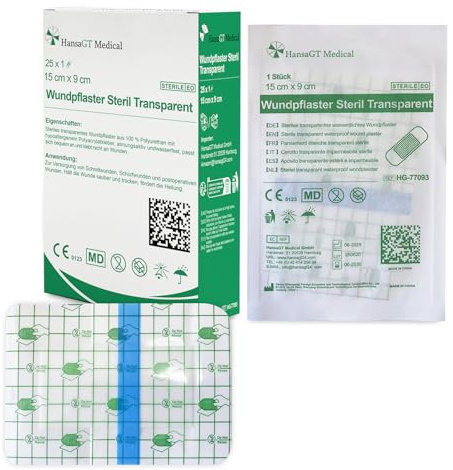HansaGT Medical Wasserfestes Wundpflaster, 15 X 9 Cm, Steril & Transparent, Duschpflaster Nach Op, Selbstklebend, Einzeln Verpackt, 25 Stück