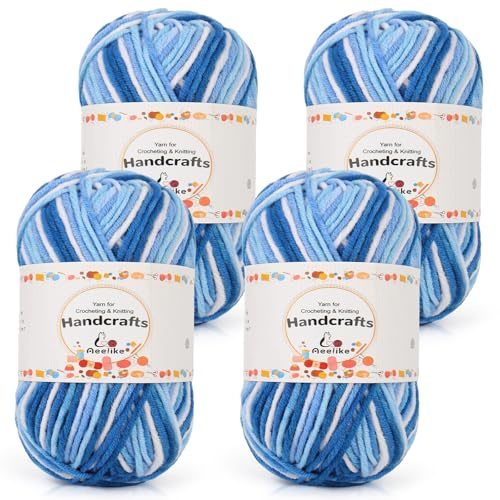 Aeelike 200g(4x50g) Häkelgarn Farbverlauf Baumwolle zum Stricken, Langlebige Amigurumi-Set Acryl Baumwollgarn, 5Ply Garn zum Häkeln für Socken, Mützen, Schals, Pullover, Puppen, Blau Weiß Blumen