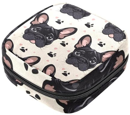 Damenbinden-Aufbewahrungstaschen, schwarze französische Bulldogge, Menstruationspolster, Oxford-Stoff, Menstruationstassenbeutel, Stillunterlage, Tamponbeutel mit Reißverschluss, für Teenager,