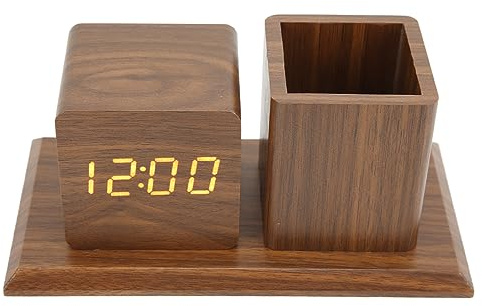KIMISS Orologio Creativo con Portapenne a LED in Legno, Orologio da Scrivania con Movimento Al Quarzo Silenzioso con Display della Temperatura e del Calendario, Regali per Ufficio