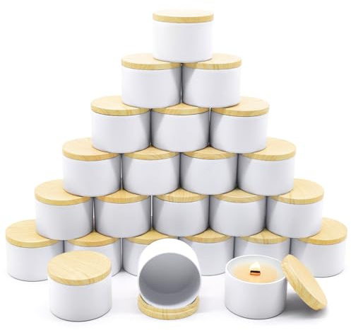 YJHSS Candle Tins 8oz, 24-Pack Metal Candle Jars with Metal Wood-Grain Printing Lids for Making Candles, Bulk Empty Candle Containers for Small Business - White