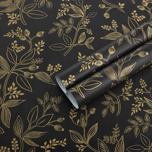 Fiula Papel tapiz autoadhesivo para despegar y pegar, diseño de hojas doradas y negras de 44 cm x 3 m, impermeable, papel de contacto floral, papel de vinilo para muebles, adhesivo en papel de pared