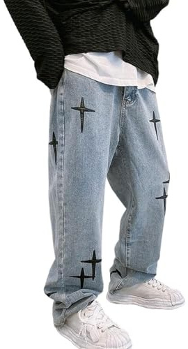 FYCYGG Baggy Jeans da Uomo Y2K con Stampa Hip Hop, Pantaloni Larghi con Scritta sul Davanti, Baggy Loose Fit, Jeans Pantaloni Casual per Ragazzi Uomo (XL, Blue)