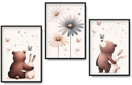 FORYOU24 Bilder Kinderzimmer | 3er Set DIN A4 | Wandbilder | Kinderzimmer Poster | Deko Bilder Kinderzimmer Mädchen und Jungen | Babyzimmer Deko | Bärenfreunde STP_015
