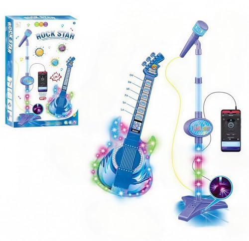 Ensemble guitare et microphone pour enfants, jouets de guitare avec musique et lumière colorée, microphone réglable en hauteur avec support, jouet d'instruments de musique machine à karaoké (bleu)