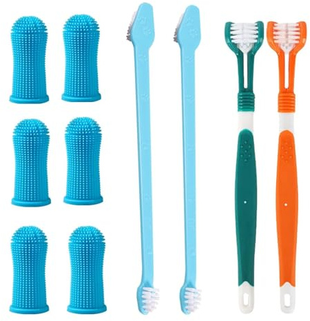YXIING 10 Pcs Dog Toothbrush Include 2 Pack Triple Heads Toothbrushes for Dog with 6 Pet Finger Toothbrushes, 2 Dual-Dead Toothbrush, Multi-Angle Dental Teeth Cleaning Products for Pets