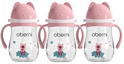 Oberni Trinklernbecher für Kleinkind ab 12 Monate, Auslaufsicherer Wasserflasche, Toddler Sippy Cup, Baby Water Bottle, 270ml/Rosa/3 Stück