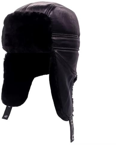 PXPLDYY Russische Mütze Herren Casual Winter Warme Leder Fliegermütze Russland Uschanka Erwachsene Caps Herren Kunstleder Bomber Trapper Hüte,Schwarz,60Cm